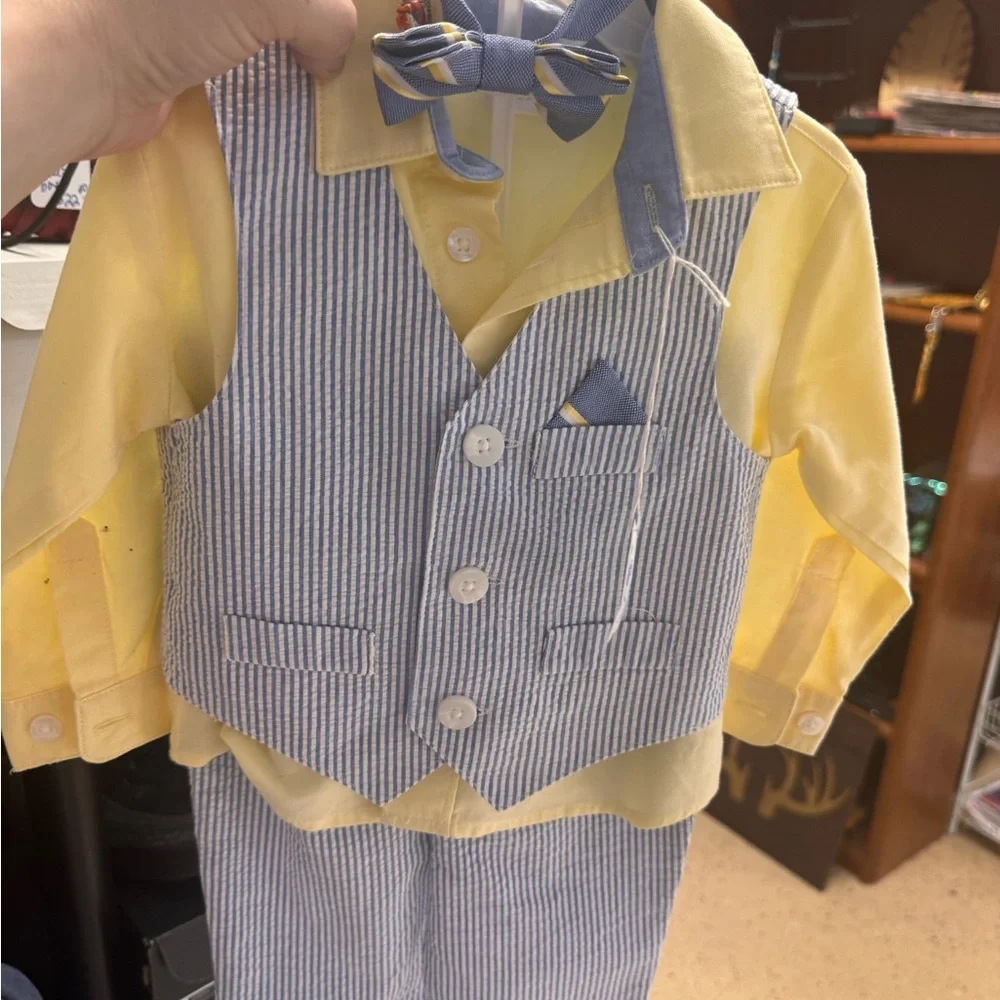 Easter Outfit- Yellow Shirt & Blue Seersucker Vest Set for Baby Boy